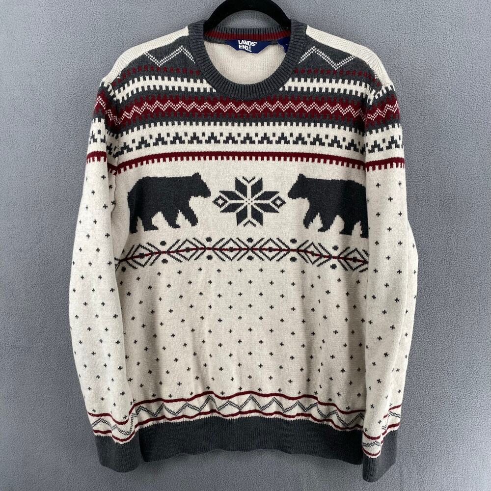 Lands End Fair Isle Bears Crew Neck Long Sleeve Pullover Sweater‎ Mens L Cream